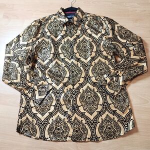 American Breed Gold Metallic Black Velvet Damask Long Sleeve‎ Button Up Shirt XL